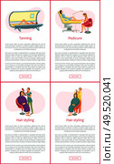 Tanning tan in solarium, gaining different skin color. Pedicurist with client woman hair styling. Making hairstyle, set of posters with text vector. Tanning Tan in Solarium Pedicurist Posters Vector. Стоковая иллюстрация, агентство Ingram Publishing / Фотобанк Лори
