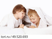 Two little boys secretly under a blanket play with a mobile phone. Стоковое фото, агентство Ingram Publishing / Фотобанк Лори