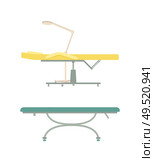 Empty table for spa procedure and massage cartoon set vector isolated emblems. Modern comfortable equipment with amenity for clinic and beauty salon. Table for Spa Procedure and Massage Cartoon Set. Стоковая иллюстрация, агентство Ingram Publishing / Фотобанк Лори