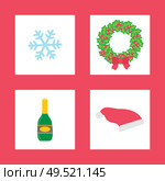 Christmas wreath circle made of mistletoe leaves vector. Snowflake snow, champagne beverage poured in bottle santa claus hat symbols of winter holiday. Christmas Wreath Circle Made of Mistletoe Leaves. Стоковая иллюстрация, агентство Ingram Publishing / Фотобанк Лори