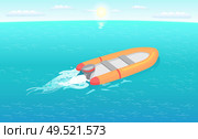 Inflatable rescue boat sailing in deep blue waters living trace. Safety rubber sailboat, transportation vehicle at sos situations, motor rowing craft vector. Inflatable Rescue Boat Sailing in Deep Blue Waters. Стоковая иллюстрация, агентство Ingram Publishing / Фотобанк Лори