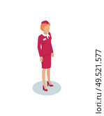 Stewardess woman character in overall cloth with cap icon isolated. Airline cabin attendant female representative miniature vector isometric character.. Air Hostess or Stewardess Isometric Depiction. Стоковая иллюстрация, агентство Ingram Publishing / Фотобанк Лори