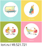 Tanning in solarium, woman client gaining tan in sun parlor visage set vector. Manicure and pedicure procedures with nails, treatment and therapy. Tanning in Solarium Woman Client Visage Vector. Стоковая иллюстрация, агентство Ingram Publishing / Фотобанк Лори