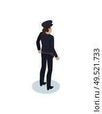 Policewoman realistic vector projection from back view. Police-station female representative in uniform and holster for service weapon or gun icon.. Isometric Policewoman in Overall and Gun Holster. Стоковая иллюстрация, агентство Ingram Publishing / Фотобанк Лори