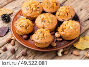 Freshly baked pumpkin muffins with nut.Autumn dessert.Cupcake on plate. Homemade pumpkin muffins. Стоковое фото, агентство Ingram Publishing / Фотобанк Лори