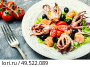 Salad with calamari, salmon and vegetables.Seafood concept. Salad with squid and seafood. Стоковое фото, агентство Ingram Publishing / Фотобанк Лори