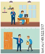 Boss supervising novice, working on office computer vector. Director in bad mood firing person, employed with unemployed man carrying carton boxes. Boss Supervising Novice Working on Office Computer. Стоковая иллюстрация, агентство Ingram Publishing / Фотобанк Лори