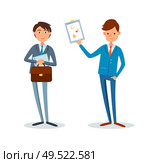 Man showing clipboard page with pie diagram and charts vector. Person coworker with briefcase. Analyst holding presentation sheet with data about projects. Man Showing Clipboard Page with Pie Diagram Charts. Стоковая иллюстрация, агентство Ingram Publishing / Фотобанк Лори