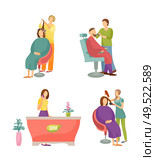 Spa salon barber for man hairdresser set of icons vector. Styling for male and female, receptionist accepting appointment making calls to clients. Spa Salon Barber for Man Hairdresser Set Vector. Стоковая иллюстрация, агентство Ingram Publishing / Фотобанк Лори