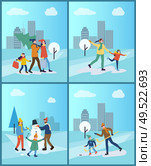 Family sculpting snowman, father and son playing hockey outdoors vector. Winter park with snow, people with evergreen pine tree Christmas preparation. Family Sculpting Snowman, Father and Son Playing. Стоковая иллюстрация, агентство Ingram Publishing / Фотобанк Лори