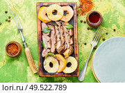Baked duck meat with pineapple sauce.Fried duck breast. Roasted duck with ananas. Стоковое фото, агентство Ingram Publishing / Фотобанк Лори