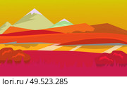 cartoon desert landscape, vector unending background landscape with desert, herbs, mountains and sky. Vector landscape. Flat landscape. cartoon desert evening landscape. Стоковая иллюстрация, агентство Ingram Publishing / Фотобанк Лори