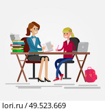 Woman teacher tutor tutoring girl kid at home. Mother helping daughter with homework. Flat style vector illustration isolated on white background.. Vector detailed character woman teacher. Стоковая иллюстрация, агентство Ingram Publishing / Фотобанк Лори