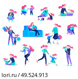 Vector people character. Mother and daughter spending time together, read a book and play, bathe the baby, walk and shopping. Colorful flat concept illustration.. Vector people character. Mother and daughter spending time together. Стоковая иллюстрация, агентство Ingram Publishing / Фотобанк Лори