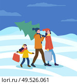 Preparation for Christmas woman and man with fir vector. People returning home with purchased evergreen pine tree, father and mother with daughter. Preparation for Christmas Woman and Man with Fir. Стоковая иллюстрация, агентство Ingram Publishing / Фотобанк Лори