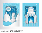 Merry christmas cut out cards snowman in forest and fireplace with burning fire, decorated by Santa socks and fir tree branches. Vector paper greetings. Christmas Fireplace with Burning Fire, Snowman. Стоковая иллюстрация, агентство Ingram Publishing / Фотобанк Лори