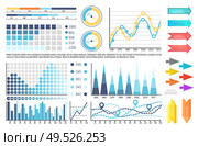 Infograph and pie diagrams, business concept vector. Graphic representation of data results. Set for infographics presentation of info in flowcharts and increasing lines. Infographics and Pie Diagrams, Business Concept. Стоковая иллюстрация, агентство Ingram Publishing / Фотобанк Лори