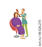 Spa salon, woman hair stylist using hair dryer making client haircut. Hairstyle changes and new style of lady sitting in chair. Isolated icon vector. Spa Salon Woman with Hair Dryer Isolated Vector. Стоковая иллюстрация, агентство Ingram Publishing / Фотобанк Лори
