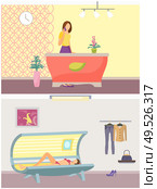 Spa salon and tanning procedure of woman in solarium. Beauty service industry set, tan gaining with help of machinery. Reception appointments vector. Spa Salon and Tanning Procedure Beauty Set Vector. Стоковая иллюстрация, агентство Ingram Publishing / Фотобанк Лори