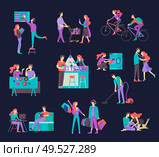 Everyday routine scenes and spend time together of young romantic couple. Pair of boy and girl cleaning up house, cooking food, washing clothes. Vector people character. Editable outline stroke size. Colorful flat concept illustration.. Everyday routine scenes and spend time together of young romantic couple. Стоковая иллюстрация, агентство Ingram Publishing / Фотобанк Лори