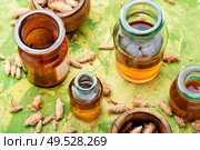 Healing tincture from pine kidneys.Medicinal tincture for colds.Herbal medicine. Bottles of tincture of pine buds. Стоковое фото, агентство Ingram Publishing / Фотобанк Лори