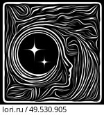Digital Scratchboard. Life Lines series. Backdrop of human profile and woodcut pattern in association with human drama, poetry and inner symbols. Стоковое фото, агентство Ingram Publishing / Фотобанк Лори