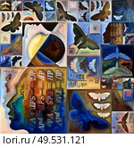 Inner Encryption series. Collage of abstract organic forms, math formulas, art textures and colors on subject of hidden meanings, sacred life, drama, poetry, mysticism and art. Стоковое фото, агентство Ingram Publishing / Фотобанк Лори