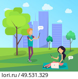 Young people spend time in city park socializing in Internet in free wi-fi zone, chatting and typing messages on background of skyscrapers. Young People Spend Time in City Park Socializing. Стоковая иллюстрация, агентство Ingram Publishing / Фотобанк Лори