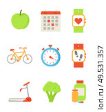 Wristwatch and apple isolated icons set vector. Apple and calendar, bicycle and clock, broccoli vegetable and bcaa vitamin. Treadmill running track. Wristwatch and Apple Icons Set Vector Illustration. Стоковая иллюстрация, агентство Ingram Publishing / Фотобанк Лори