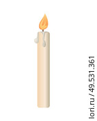 Burning candle from paraffin wax in flat style isolated on white. 3D design holiday celebration symbol or light object, vector icon of church symbol. Burning Candle from Paraffin Wax Vector Isolated. Стоковая иллюстрация, агентство Ingram Publishing / Фотобанк Лори