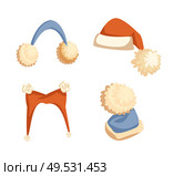 Colorful Santa hats with big pompons and furry earmuffs. Collection of winter headdress, wintertime holiday costume in flat style isolated on white vector. Santa Hat with Pompons and Earmuffs Vector Isolated. Стоковая иллюстрация, агентство Ingram Publishing / Фотобанк Лори