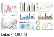 Infographics and curves pie diagrams with segments vector. Design of visualized data, visualization in flowcharts, graphs and schemes with scales. Infographics and Curves Pie Diagrams with Segments. Стоковая иллюстрация, агентство Ingram Publishing / Фотобанк Лори