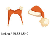 Orange hat with two pompons and cap with big furry ball in flat style isolated on white. Set of Santa headdress, part of winter holiday costume vector. Set of Santa Hat with Furry Balls Vector Isolated. Стоковая иллюстрация, агентство Ingram Publishing / Фотобанк Лори