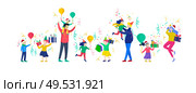 Happy Christmas Day Celebrating together happy. Group of cartoon people in Santa hats and children. Jump and throw gift. Merry Christmas and Happy New Year family character. Illustration, vector. Happy Christmas Day Celebrating together happy. Group of cartoon people in Santa hats and children. Jump and throw gift. Merry Christmas and Happy New Year family. Стоковая иллюстрация, агентство Ingram Publishing / Фотобанк Лори