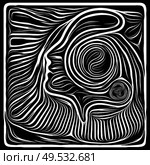 Woodcut Composition. Life Lines series. Arrangement of human profile and woodcut pattern on the subject of human drama, poetry and inner symbols. Стоковое фото, агентство Ingram Publishing / Фотобанк Лори