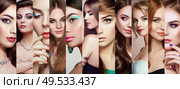 Collage of beautiful women faces. Beauty makeup and hairstyles. Group of model girls. Стоковое фото, агентство Ingram Publishing / Фотобанк Лори