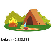 Camping place nature environment tent and bonfire vector. Camp and blanket with bowl and bottle with water, veggies and broccoli natural surrounding. Camping Place Nature Environment Tent and Bonfire. Стоковая иллюстрация, агентство Ingram Publishing / Фотобанк Лори