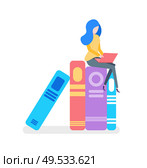 Books in colorful cover standing nearby, woman sitting with laptop. Symbol of knowledge, education and information. Literature isolated on white vector. Books in Colorful Cover, Woman with Laptop Vector. Стоковая иллюстрация, агентство Ingram Publishing / Фотобанк Лори