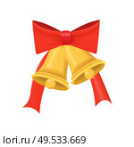 Gold Christmas bells with big red bow isolated on white vector. Holiday element of winter decoration. Single glossy campanulas with ribbon design icon. Gold Christmas Glossy Bell with Big Red Bow vector. Стоковая иллюстрация, агентство Ingram Publishing / Фотобанк Лори