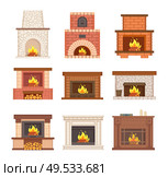 Glowing fireplace from stone, brick and wooden vector. Designer chimney with burning woods and logs on floor. Decorated grate with logs for interior. Fireplace from Stone, Brick and Wooden Vector. Стоковая иллюстрация, агентство Ingram Publishing / Фотобанк Лори