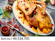 Christmas baked duck on a background of Christmas decorations.. Roasted Christmas goose. Стоковое фото, агентство Ingram Publishing / Фотобанк Лори