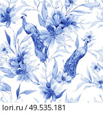 Watercolor pattern with the purple  flowers and wild herbs, peacock bird. Illustration. Watercolor pattern with the purple  flowers and wild herbs, peacock bird. . Стоковое фото, агентство Ingram Publishing / Фотобанк Лори
