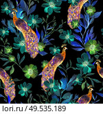 Watercolor pattern with the different purple flowers and wild herbs, peacock bird. Illustration. Watercolor pattern with the different purple flowers and wild herbs, peacock bird. . Стоковое фото, агентство Ingram Publishing / Фотобанк Лори