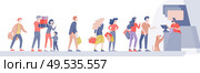Angry People queue in supermarket with cashier, where to buy concept of shop assistant. Selling interaction, purchasing process. Dissatisfied and tired customer scream and swear. People Shopping in supermarket. Woman in supermarket with cashier, where to buy concept of customer and shop assistant. Selling interaction, purchasing process. Creative landing page. Стоковая иллюстрация, агентство Ingram Publishing / Фотобанк Лори