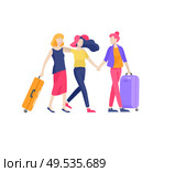 People travel on vacation. Tourists with laggage travelling couple and friends, go on journey. Travelers in various activity with luggage and equipment. Vector illustration. Different people travel on vacation. Tourists with laggage travelling with family, friends and alone, go on journey. Travelers in various activity with luggage and equipment. Vector. Стоковая иллюстрация, агентство Ingram Publishing / Фотобанк Лори