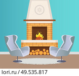 Interior of flat in blue color of wallpaper, fireplace with burning firewoods and logs on floor and pattern on top. Grey armchairs and mat vector. Interior of Flat, Fireplace and Armchairs Vector. Стоковая иллюстрация, агентство Ingram Publishing / Фотобанк Лори