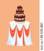 Wedding table with cake made of chocolate and berries vector. Choco topping, raspberries and strawberries with leaves, blueberries sweet dessert for party. Wedding Table with Cake of Chocolate and Berries. Стоковая иллюстрация, агентство Ingram Publishing / Фотобанк Лори