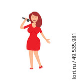 Music performance, lady holding mike in hands vector. Concert performer dressed in red clothes, woman singing at karaoke club, vocalist female with mic. Music Performance, Lady Holding Mike in Hands. Стоковая иллюстрация, агентство Ingram Publishing / Фотобанк Лори