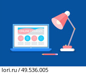 Laptop with online distant courses and lamp with pencil vector. Isolated icon, webinar and study information with assignments and homework for students. Laptop with Online Courses and Lamp with Pencil. Стоковая иллюстрация, агентство Ingram Publishing / Фотобанк Лори