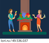 Fireplace with flames at home Christmas friends gathering vector. People with cocktails drinking and talking, winter holiday party. Presents in wrappings. Fireplace with Flames at Home Christmas Friends. Стоковая иллюстрация, агентство Ingram Publishing / Фотобанк Лори